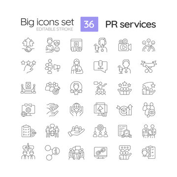 PR services linear icons set. Public relations. Social media. Marketing agency. Effective communication. Customizable thin line symbols. Isolated vector outline illustrations. Editable stroke