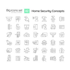 Home security linear icons set. Smart house. Alarm system. Crime prevention. Family protection. Customizable thin line symbols. Isolated vector outline illustrations. Editable stroke