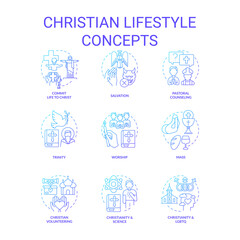 Christian lifestyle blue gradient concept icons set. Culture of faith and religion. Worship idea thin line color illustrations. Isolated symbols. Roboto-Medium, Myriad Pro-Bold fonts used