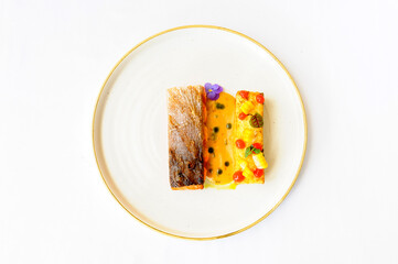 Salmon steak on a white plate isolated