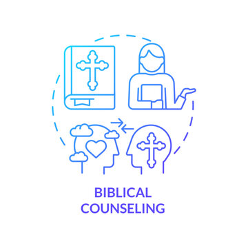 Biblical counseling blue gradient concept icon. Believers community care. Christian support abstract idea thin line illustration. Isolated outline drawing. Myriad Pro-Bold font used