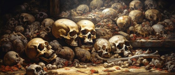 Pile of crushed human skulls and bones in a dark room, macabre dungeon basement of horror and terrifying death, scary and disturbing scene - Generative AI
