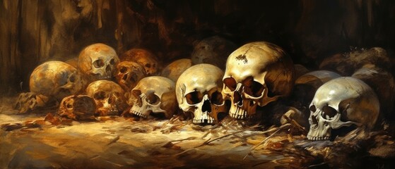 Pile of crushed human skulls and bones in a dark room, macabre dungeon basement of horror and terrifying death, scary and disturbing scene - Generative AI