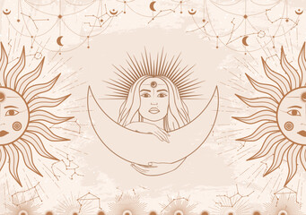 Hand drawn card of beige mystical woman with Sun, Moon, star in line art. Constellation celestial space. Spiritual abstract symbol, esoteric talisman. Magic space galaxy, vector sketch illustration