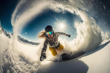 A young girl on a snowboard rushes at great speed from a snowy mountain. Extreme sport. Go pro wide angle shot. Ai generated