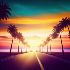 Palm trees along an empty road leading towards the ocean, sunset, generative AI