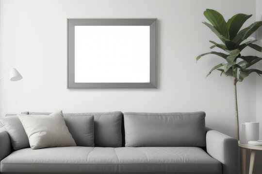 a white mockup framed poster hangs on the wall with a photo on the wall.