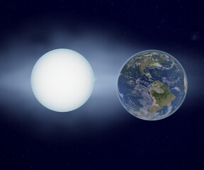 white dwarf star with planet earth have similar size 3d rendering - obrazy, fototapety, plakaty