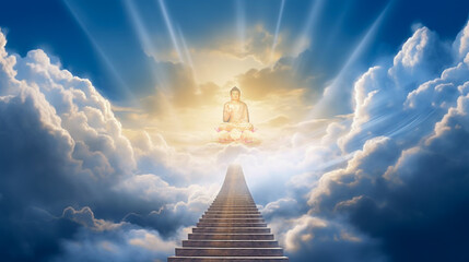 Buddha. Stairway to heaven with Buddha statue. 