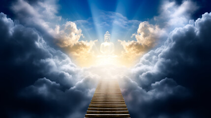 Buddha. Stairway to heaven with Buddha statue. 