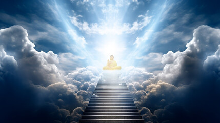 Buddha. Stairway to heaven with Buddha statue. 