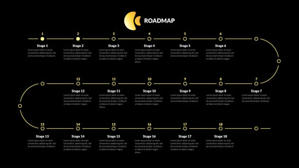 Roadmap with many milestones on golden winding line on black background. Horizontal infographic timeline template for presentation. Vector.