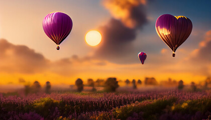 Fototapeta premium Purple lavender fields in bloom, hot air balloons in background, generative ai