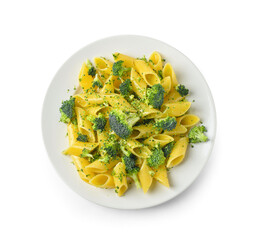 Plate with tasty pasta and broccoli on white background