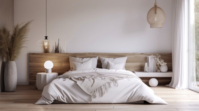 Stylish Bedroom. Modern Interior Design Background. Generative AI.