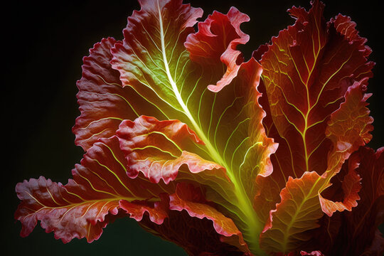 Red leaf lettuce Close up view. Generative AI.