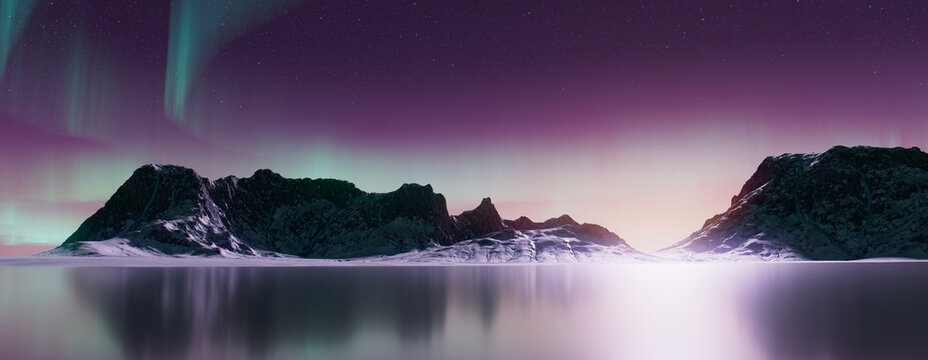 Winter Landscape with Aurora Borealis. Purple Sky Wallpaper with copy-space.
