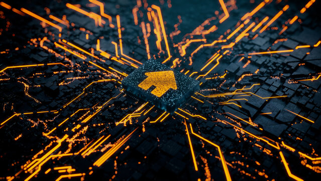 Internet Technology Concept with home symbol on a Microchip. Data flows from the CPU across a Futuristic Motherboard. 3D render.