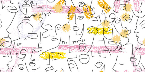 Obraz premium One line drawing. Abstract face seamless pattern.