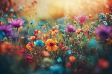 Fototapeta na wymiar Abstract meadow field of flowers. Colorful blooming floral painting. Spring garden background. Generative AI