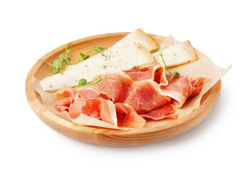 Plate with slices of tasty jamon and cheese on white background