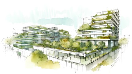Sketch of a sustainable residential complex with green roofs, vertical gardens, and rainwater harvesting - Generative AI