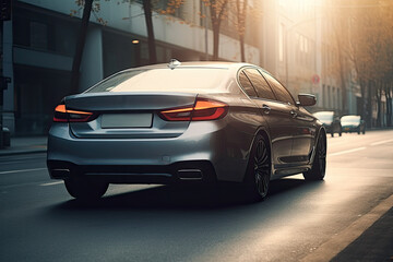 Sedans drive on streets in the middle of the city. rear view	