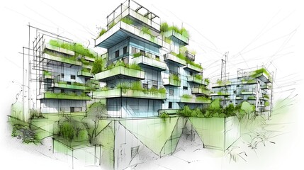 Sketch of a sustainable residential complex with green roofs, vertical gardens, and rainwater harvesting - Generative AI
