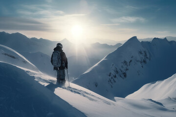 Naklejka na ściany i meble The mountaineer, skier conquered the mountain in winter, Climber on top of a winter view of snow-capped mountain peaks sunshine, AI generative