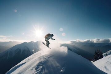 Snowboarder in a jump on a high mountain, Freerider running downhill in beautiful landscape, sunlight, AI Generative.