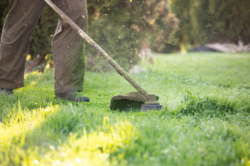 Lawn mover on green grass. Machine for cutting lawns.