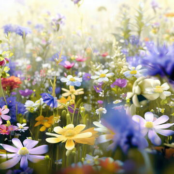 Beautiful blossoming flower meadow in spring, superbloom, generative AI