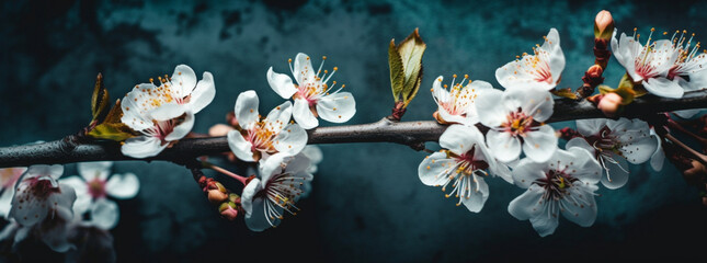 Blossoming apricot tree branches with copy space web banner  Generative AI