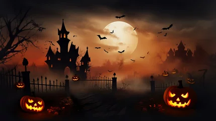 Sierkussen halloween scene horror background with creepy pumpkins of spooky halloween haunted mansion Evil houseat night with full moon, Generative AI. © STBSTD