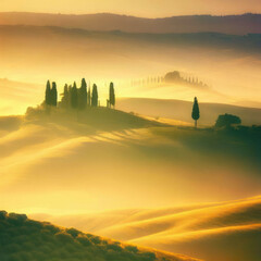 Tuscan rolling hills with cypresses and oak trees, photorealistic illustration