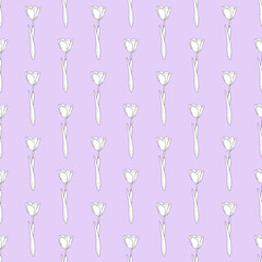 Hand drawn seamless vector pattern of blomming outline tulips doodle style, ink scetch