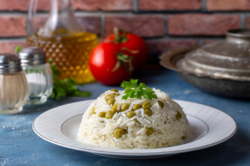 Traditional delicious Turkish foods; pea rice (Turkish name; Bezelyeli pilav)