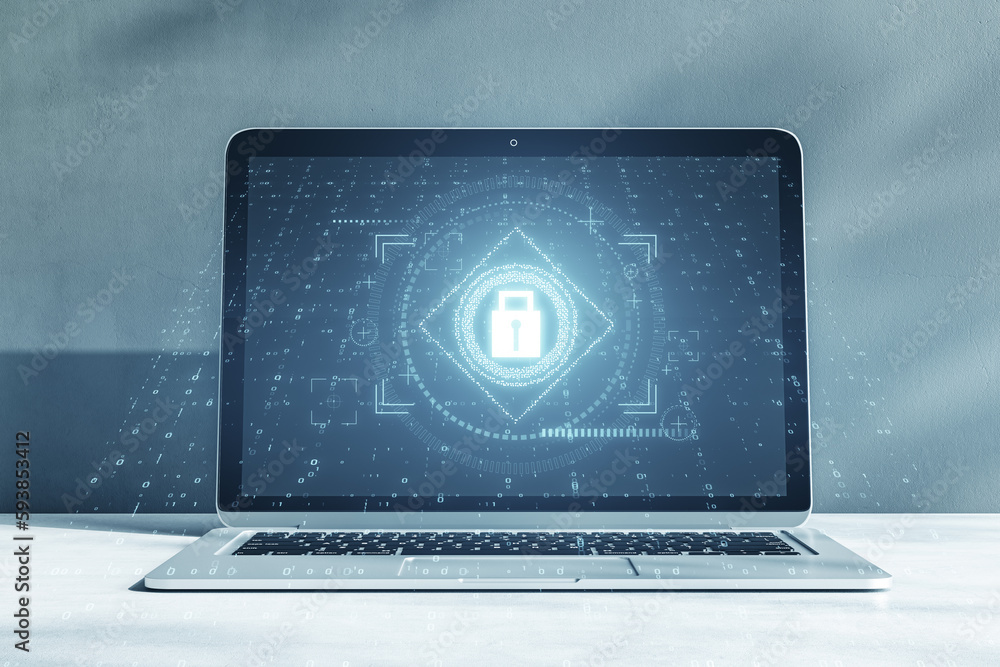 Poster close up of laptop with glowing padlock interface on concrete wall background. safety, security and 