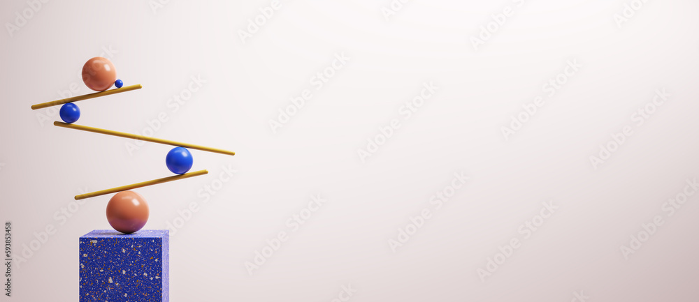 Aufkleber Abstract balancing geometric figures on wide light background with mock up place. Impossible balance and confidence cnocept. 3D Rendering.