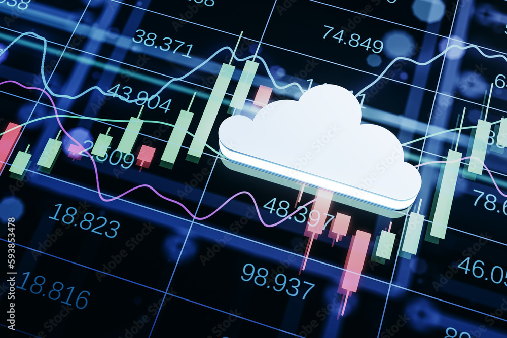 Poster Creative cloud on blue forex chart background. Market growth and data server concept. 3D Rendering.