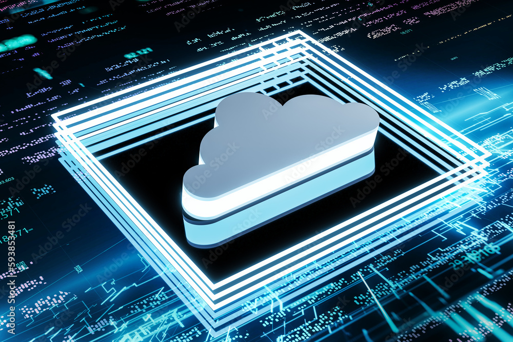 Poster creative blue chip with cloud hologram on blurry blue tech background. database, metaverse and futur