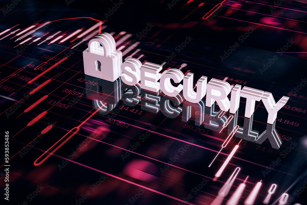 Poster Creative security padlock on red forex chart background. Financial recess and data protection concept. 3D Rendering.