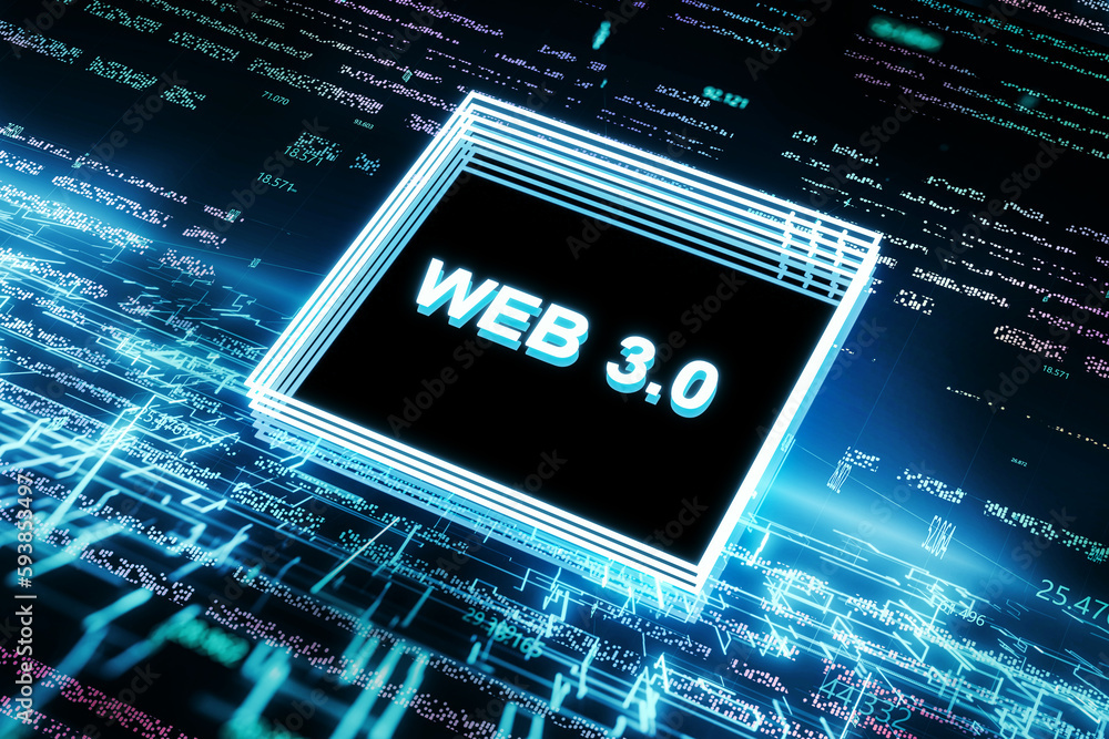 Poster Abstract blue chip with text on blurry blue tech background. Web 0.3, metaverse and future concept. 3D Rendering.