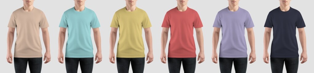 Mockup of yellow, violet, dark blue, tan, nude, red, turquoise t-shirt on guy in jeans, isolated on...