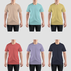 Mockup of yellow, violet, dark blue, tan, nude, red, turquoise t-shirt on sports guy, for design, branding, commerce, front view. Set