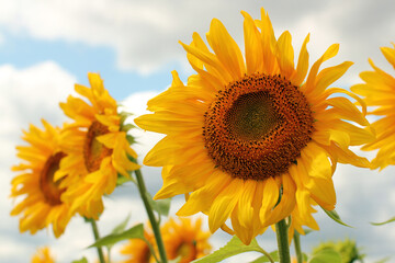 Bright yellow beautiful sunflower flowers against the blue sky. Rural landscape, sunflower harvest.