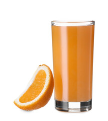 Glass of natural orange juice on white background