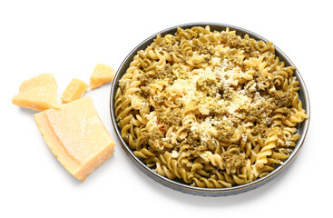 Plate of tasty Italian pasta with Parmesan cheese on white background