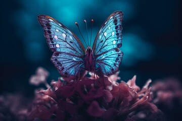 Fototapeta na wymiar a blue and yellow butterfly sitting on top of a purple flower. generative ai