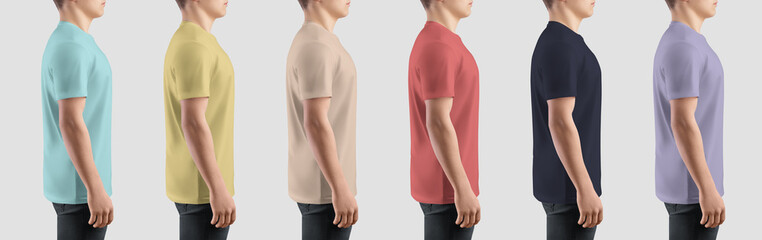Bright t-shirt template on athletic guy, side view, shirt with place for design, print, branding.